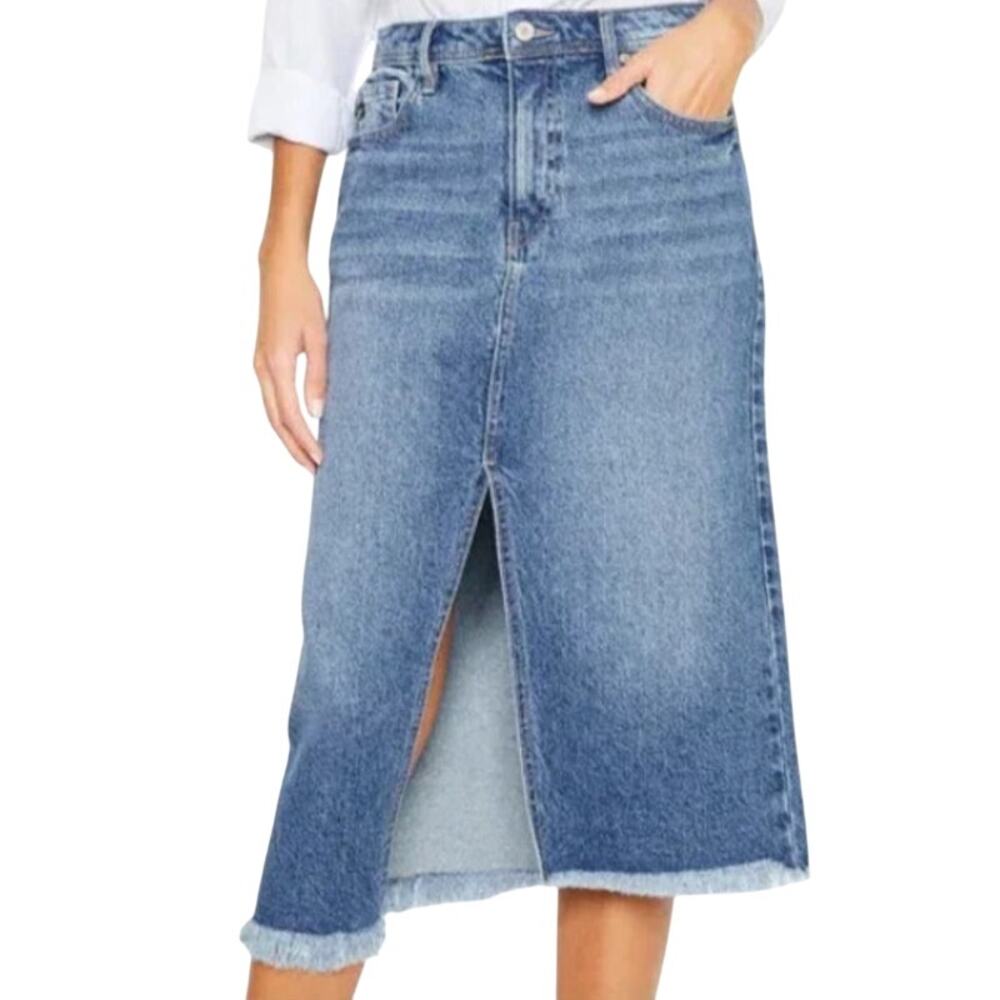 Kancan M Womens Indigo High Rise Midi Skirt Raw Hem Western Denim Rodeo